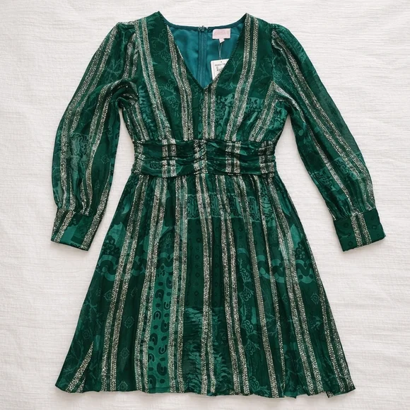 CIEBON Onella Metallic Stripe Chiffon Midi Dress Green Gold NWT Size L - Picture 9 of 11